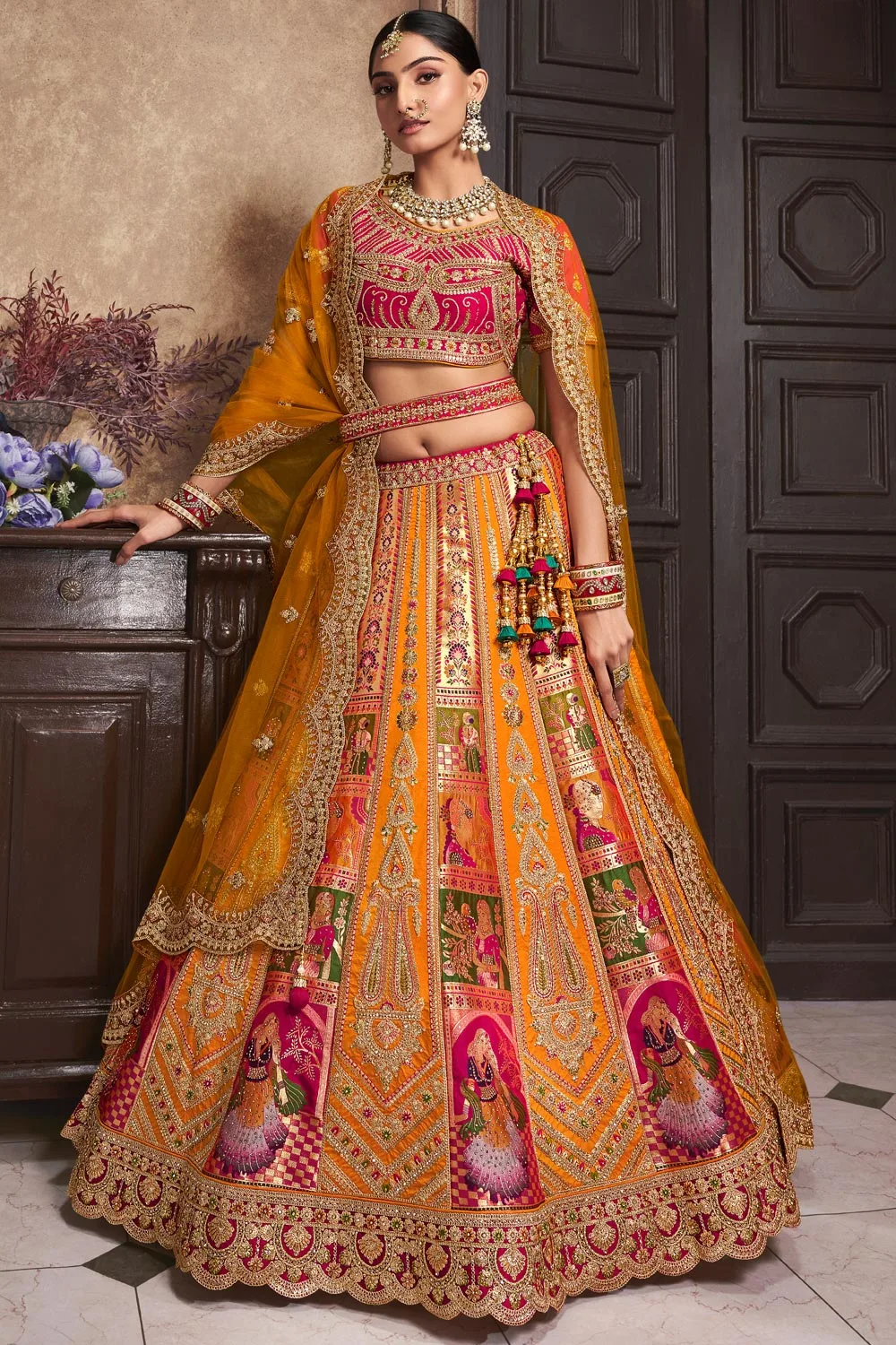 Golden Banarasi Silk Diamond Embellished Zarcon & Cut Work Trendy Chaniya Choli