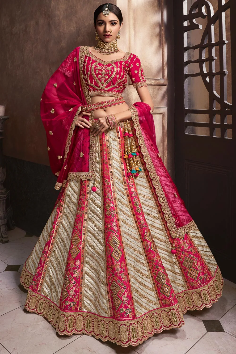 Pink Banarasi Silk Diamond Embellished Zarcon & Cut Work Trendy Chaniya Choli
