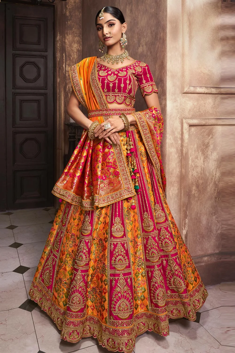 Golden Yellow and Pink Banarasi Silk Diamond Embellished Zarcon & Cut Work Trendy Chaniya Choli