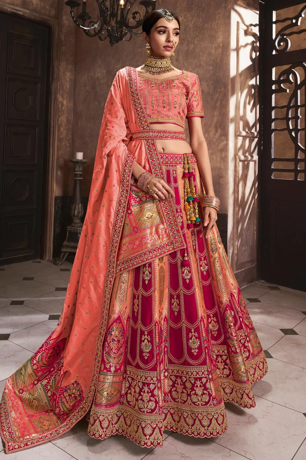 Pink and Peach Banarasi Silk Diamond Embellished Zarcon & Cut Work Trendy Chaniya Choli