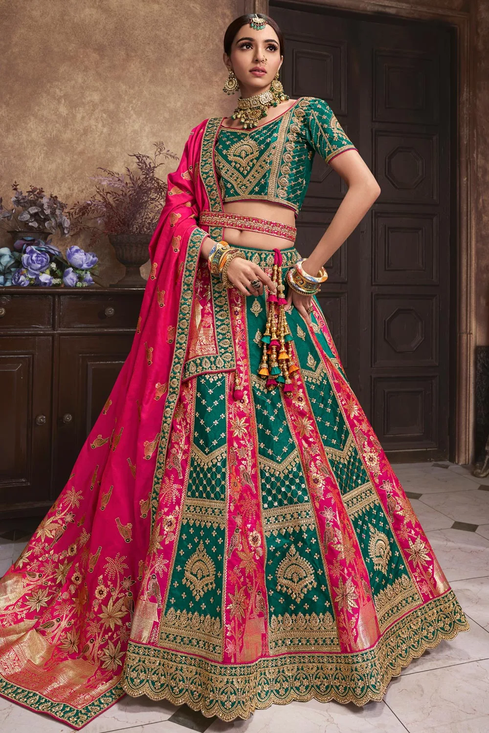 Green and Pink Banarasi Silk Diamond Embellished Zarcon & Cut Work Trendy Chaniya Choli