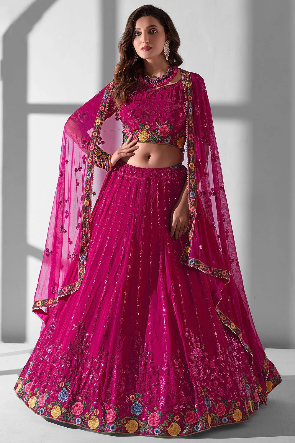 Big Flair Georgette Lehenga in Wine with Sequins & Multi-Embroidery