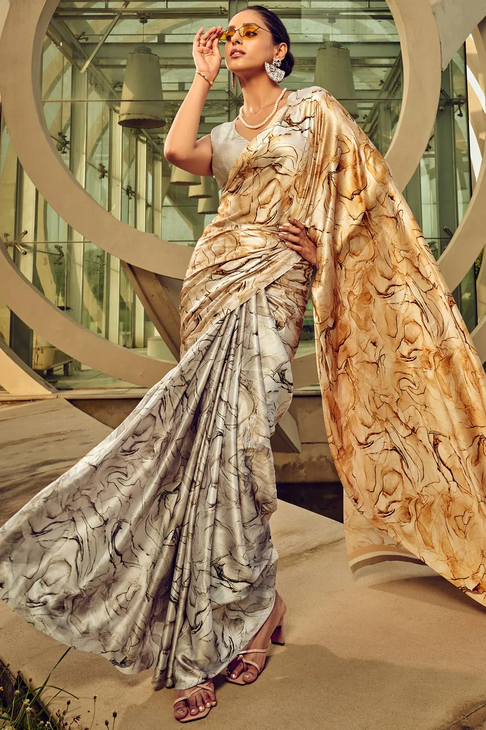 Silver and Gold Satin Crepe Saree With Digital Print