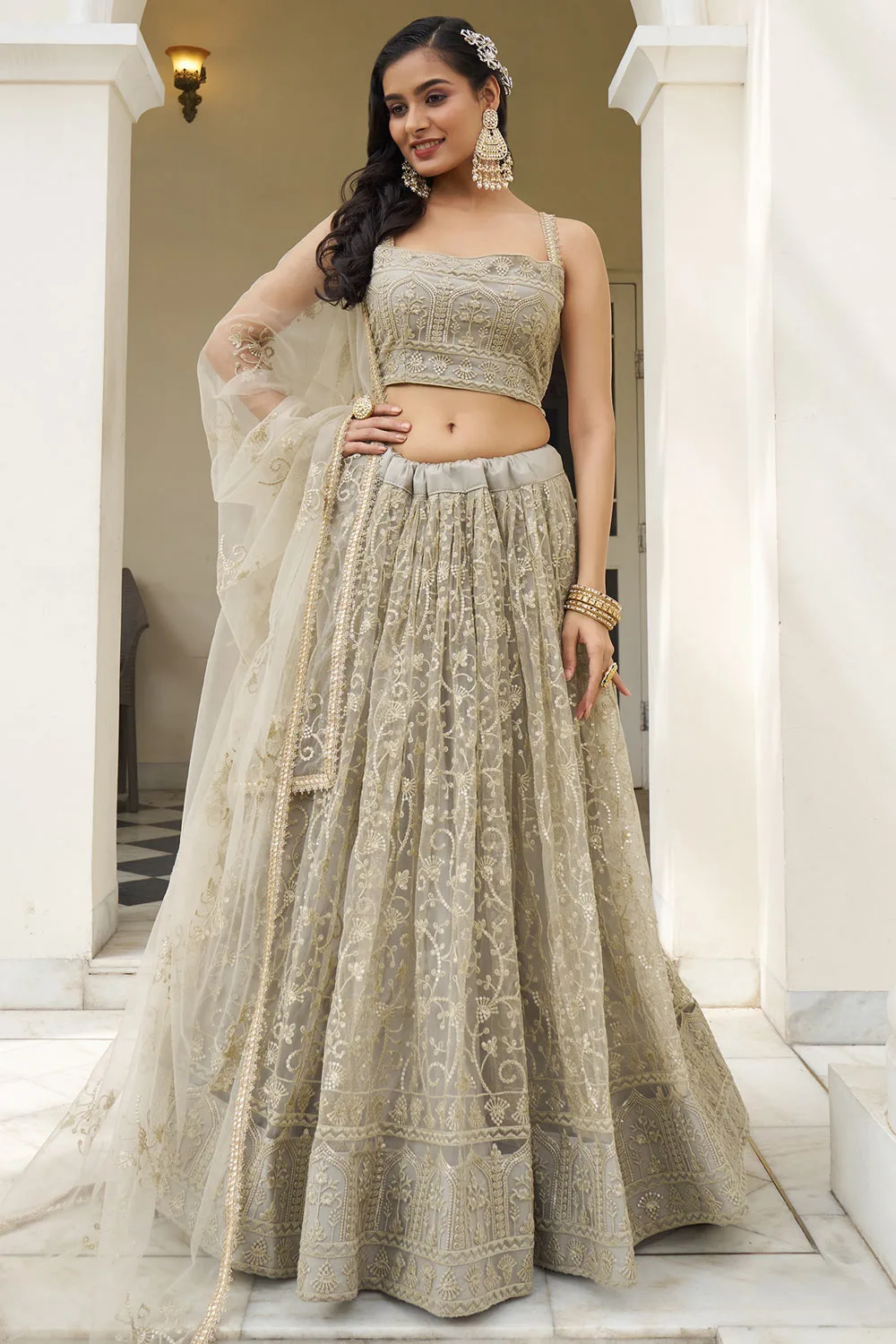 Beautiful Ivory Butterfly Net Lehenga with Embroidered Lace Dupatta & Cancan