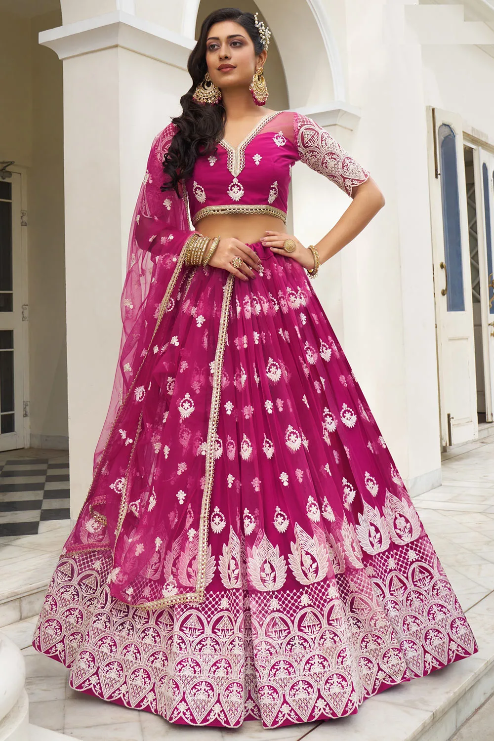 Luminous Dark Pink Butterfly Net Lehenga with Embroidered Lace Dupatta