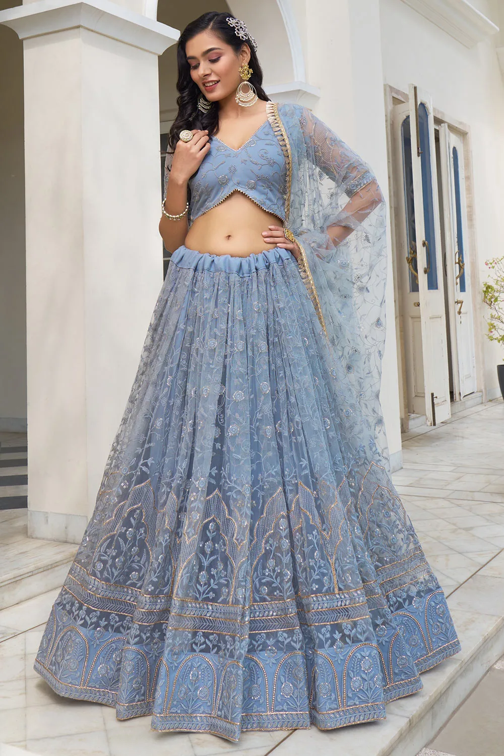 Dreamy Light Blue Butterfly Net Lehenga with Thread & Sequence Embroidery