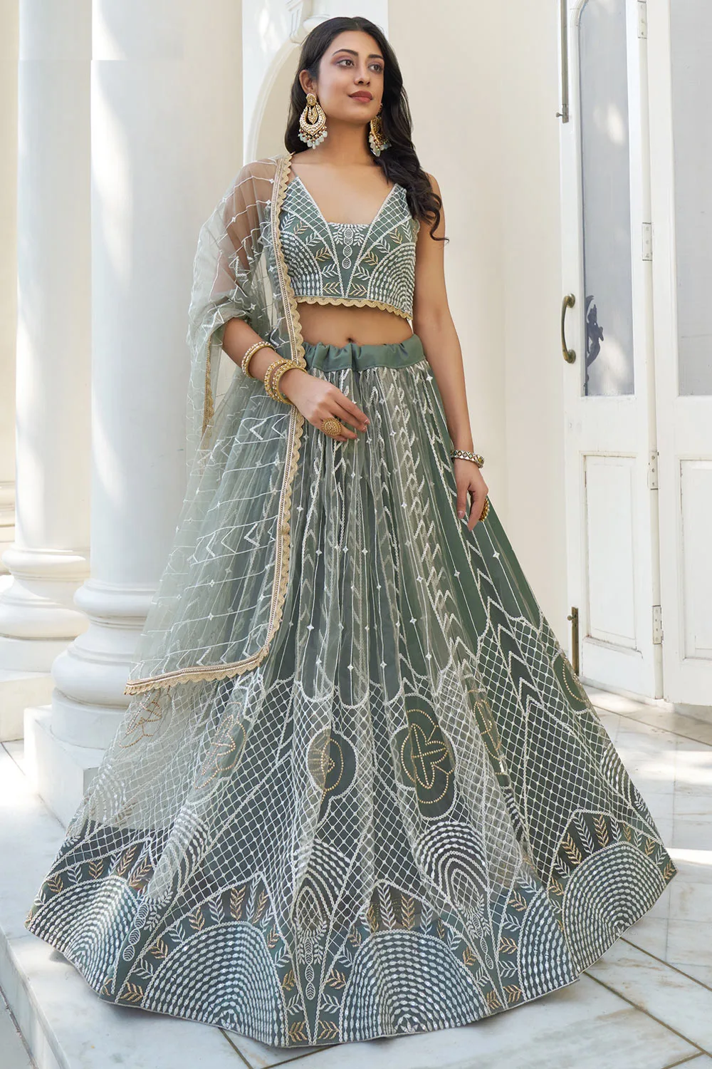 Stunning Dusty Green Butterfly Net Lehenga with Thread & Sequence Embroidery