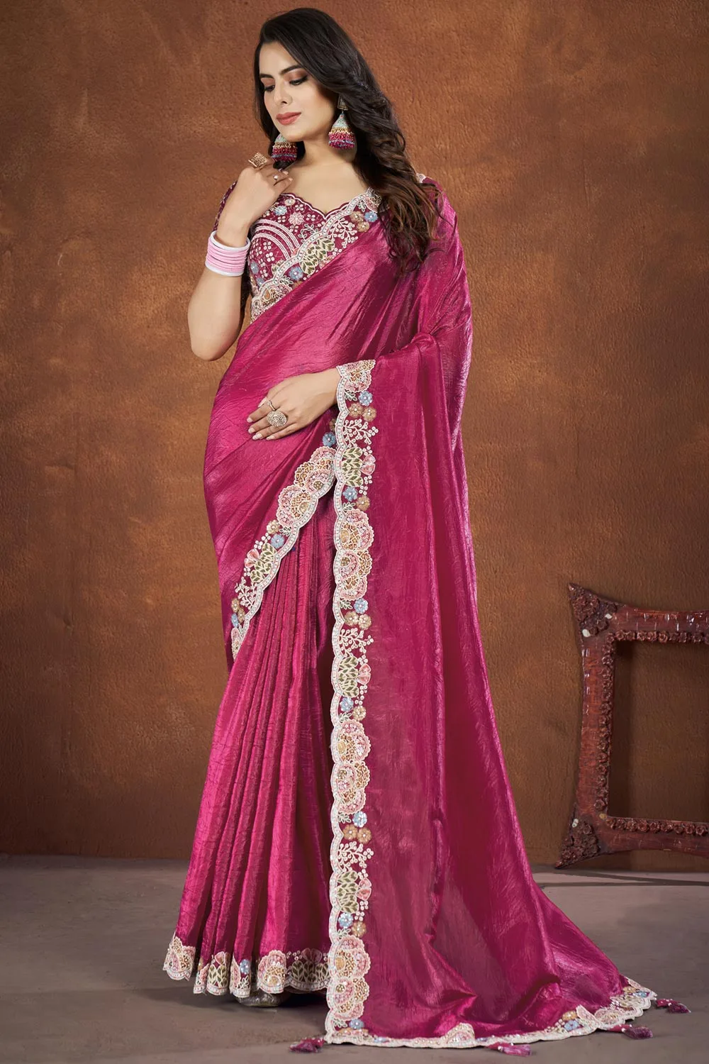 Wine-Colored Banarsi Crush Silk Fancy Saree with Thread Sequence and Stone Work