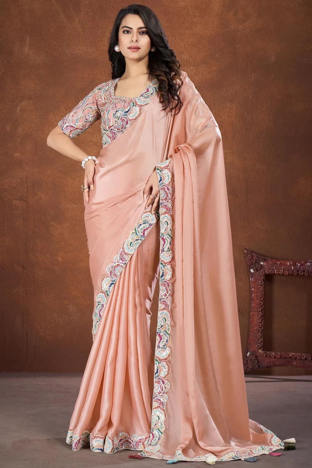 Peach-Colored Crepe Satin Silk Fancy Saree with Thread and Sequence Embroidered