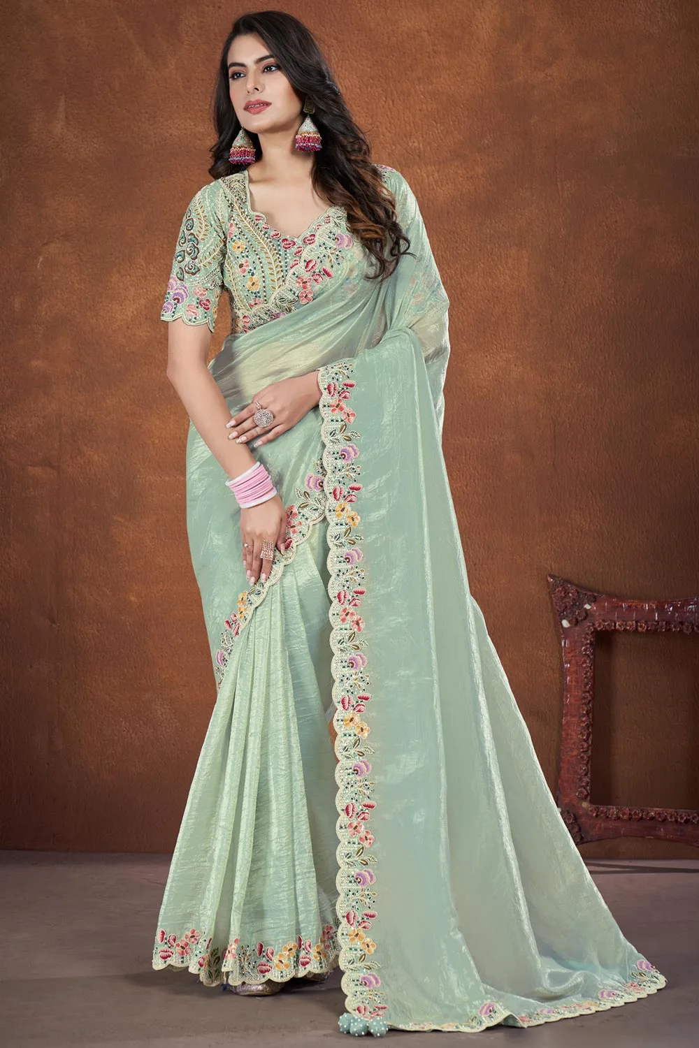 Green-Colored Banarsi Crush Silk Fancy Saree with Thread Sequence Embroidered and Stone Work