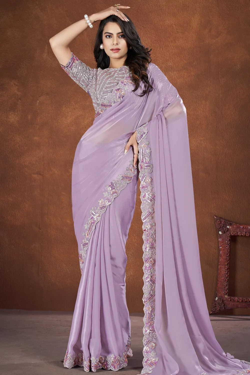 Light Purple – Colored Crepe Satin Silk Fancy Saree with Thread Sequence and Zari Work