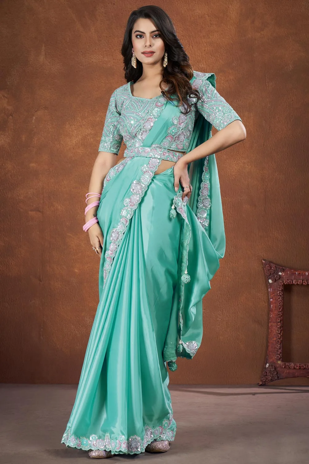 Turquoise – Colored Crepe Satin Silk Fancy Saree with Thread Sequence and Moti Work