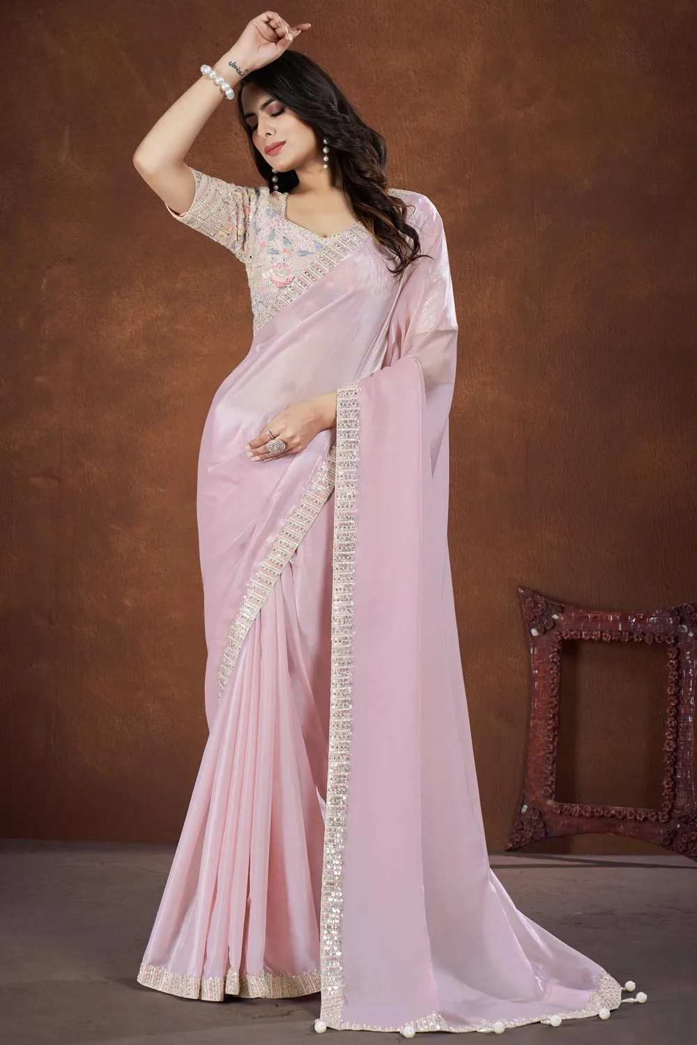 Light Pink – Colored Crepe Satin Silk Fancy Saree with Thread Sequence and Zari & Moti Work