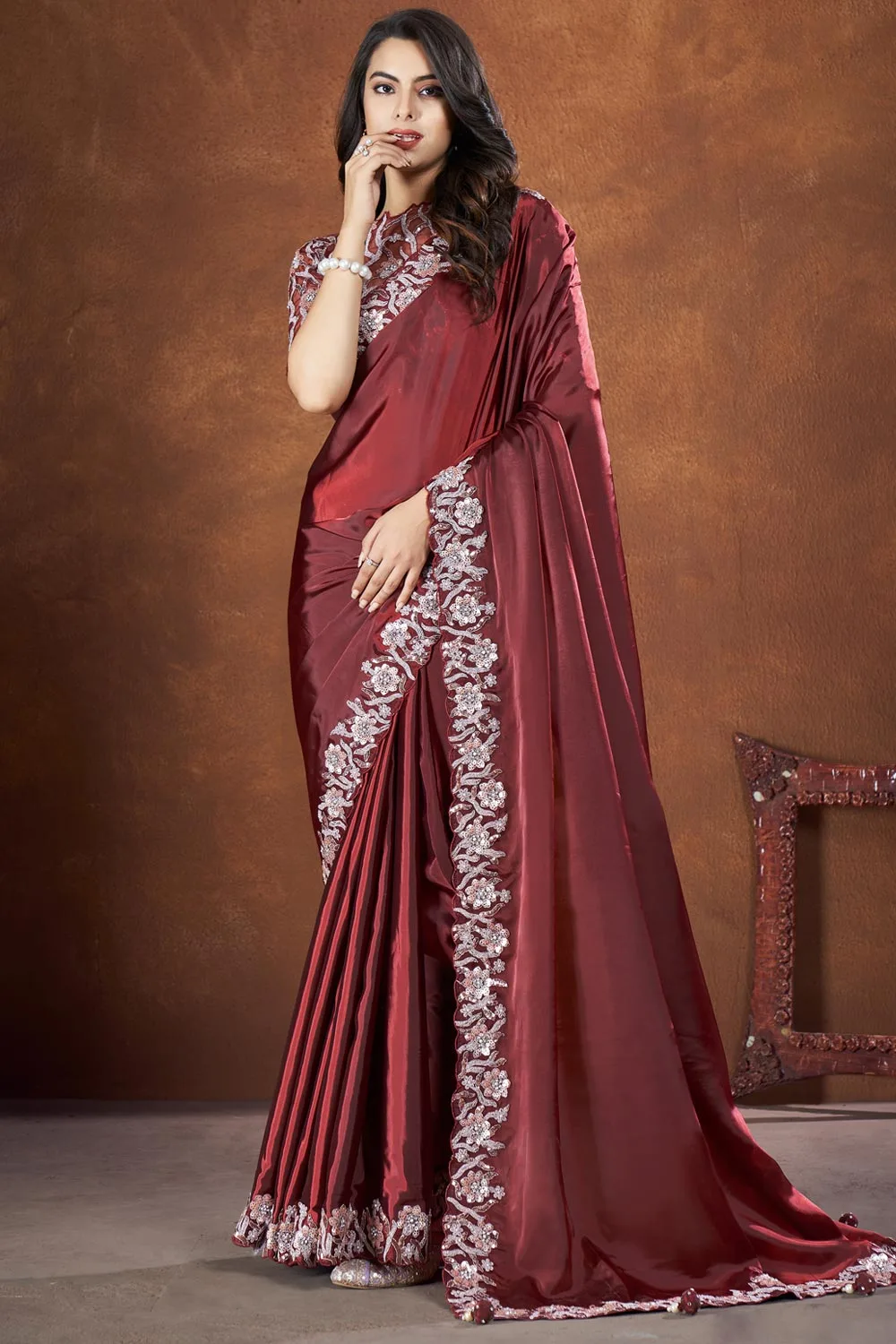 Red – Colored Crepe Satin Silk Fancy Saree with Thread and Stone & Moti Work