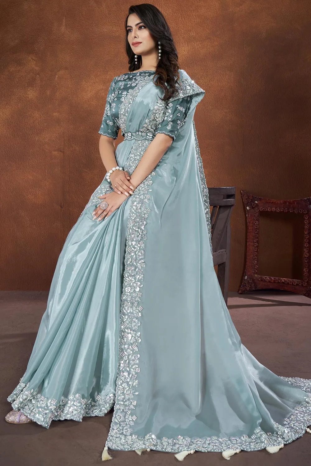 Light Blue – Colored Crepe Satin Silk Fancy Saree with Thread and Stone & Moti Work