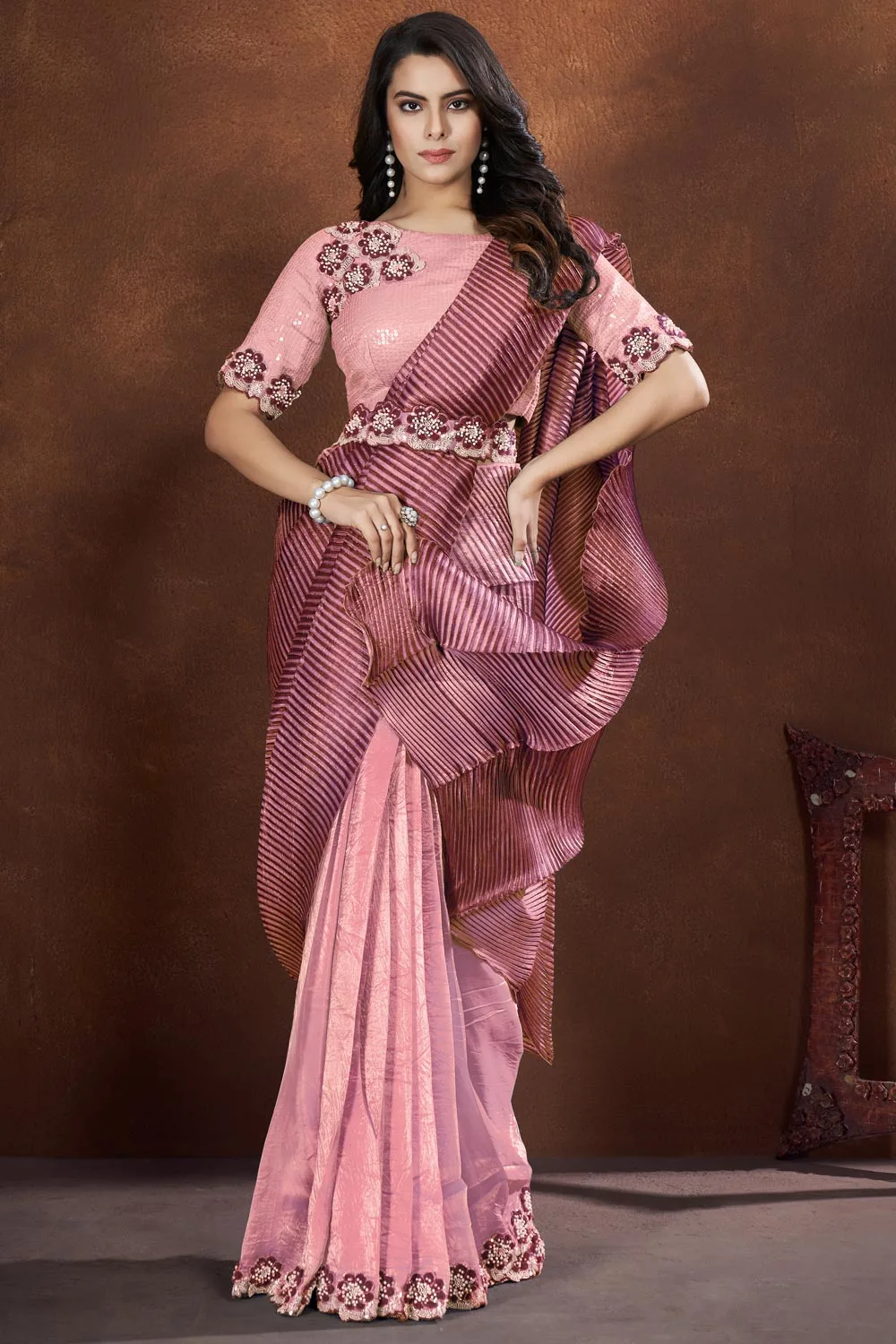 Pink – Colored Crepe Satin Silk Fancy Saree with Thread and Stone & Moti Work