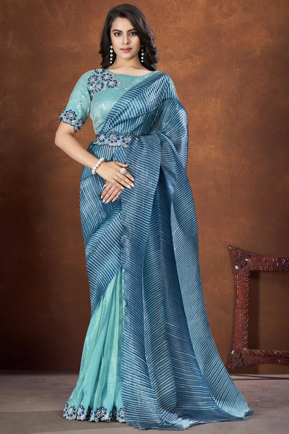 Blue – Colored Banarsi Crush Silk Fancy Saree with Thread and Stone & Moti Work
