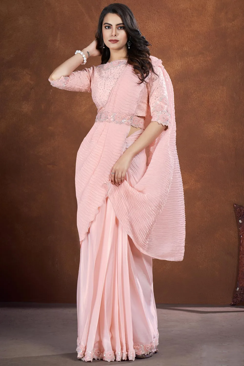 Light Pink – Colored Crepe Satin Silk Fancy Saree with Thread and Stone & Moti Work