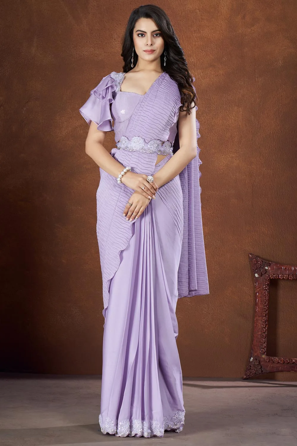 Lavender – Colored Crepe Satin Silk Fancy Saree with Thread and Stone & Moti Work