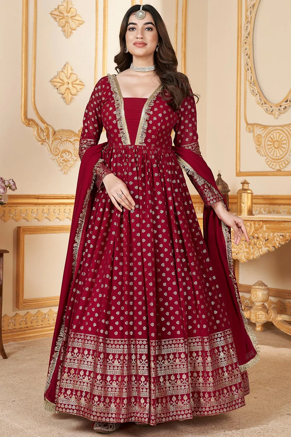 New Exclusive Foil Printed Red Full Length Gown with Dupatta