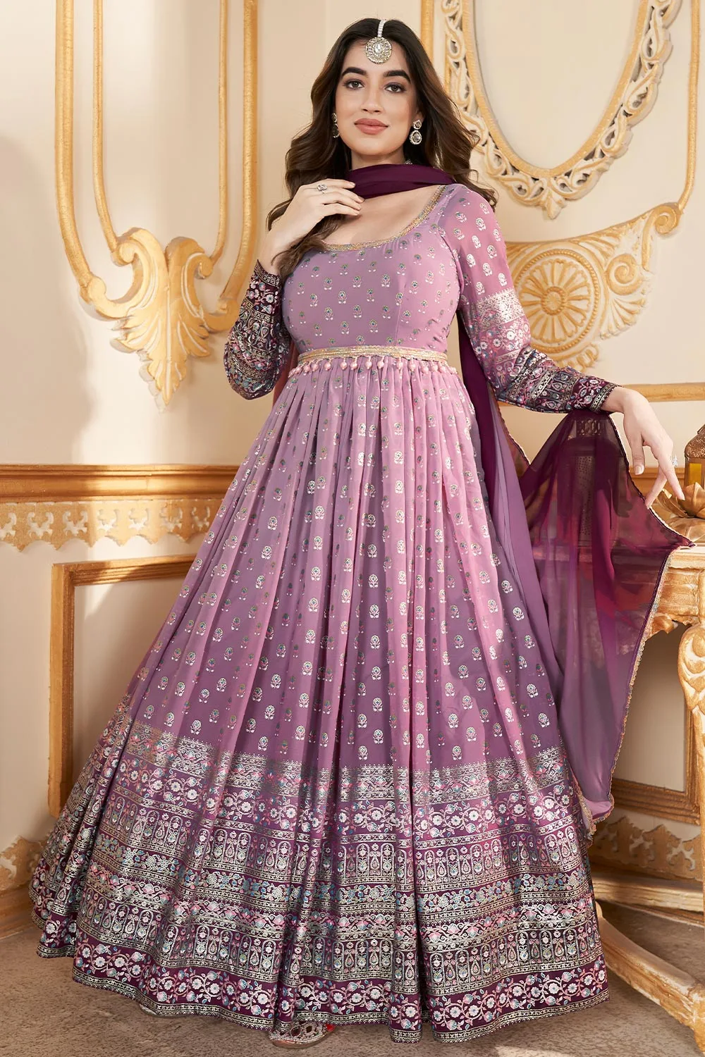 New Exclusive Foil Printed Pink Full Length Gown with Dupatta
