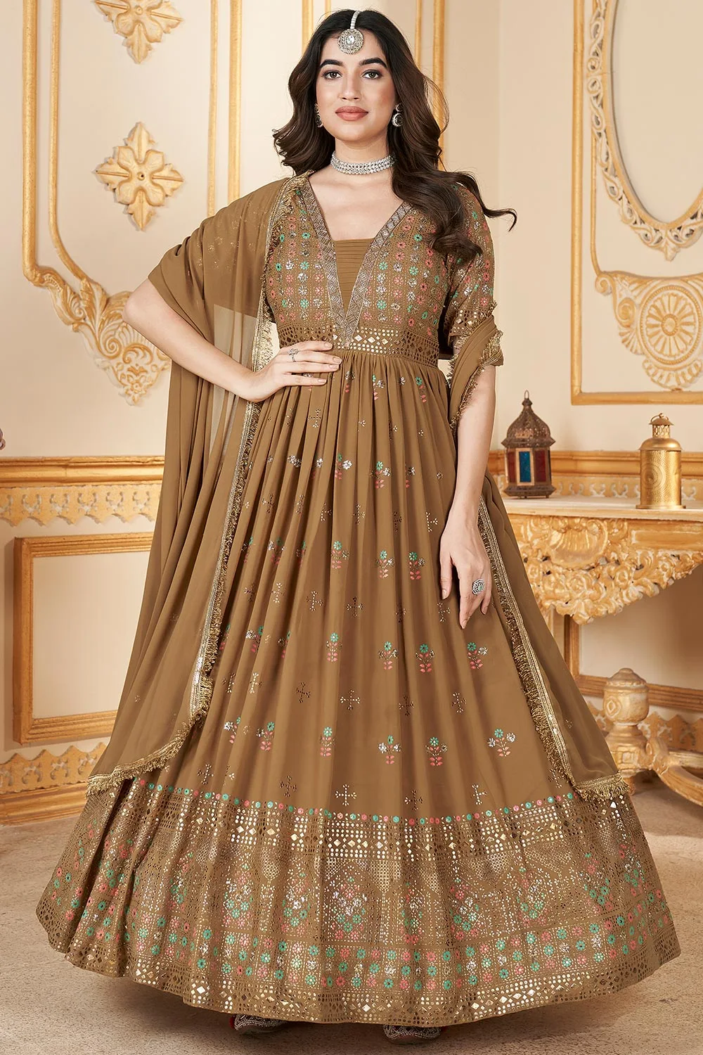 New Exclusive Foil Printed Mustard Full Length Gown with Dupatta
