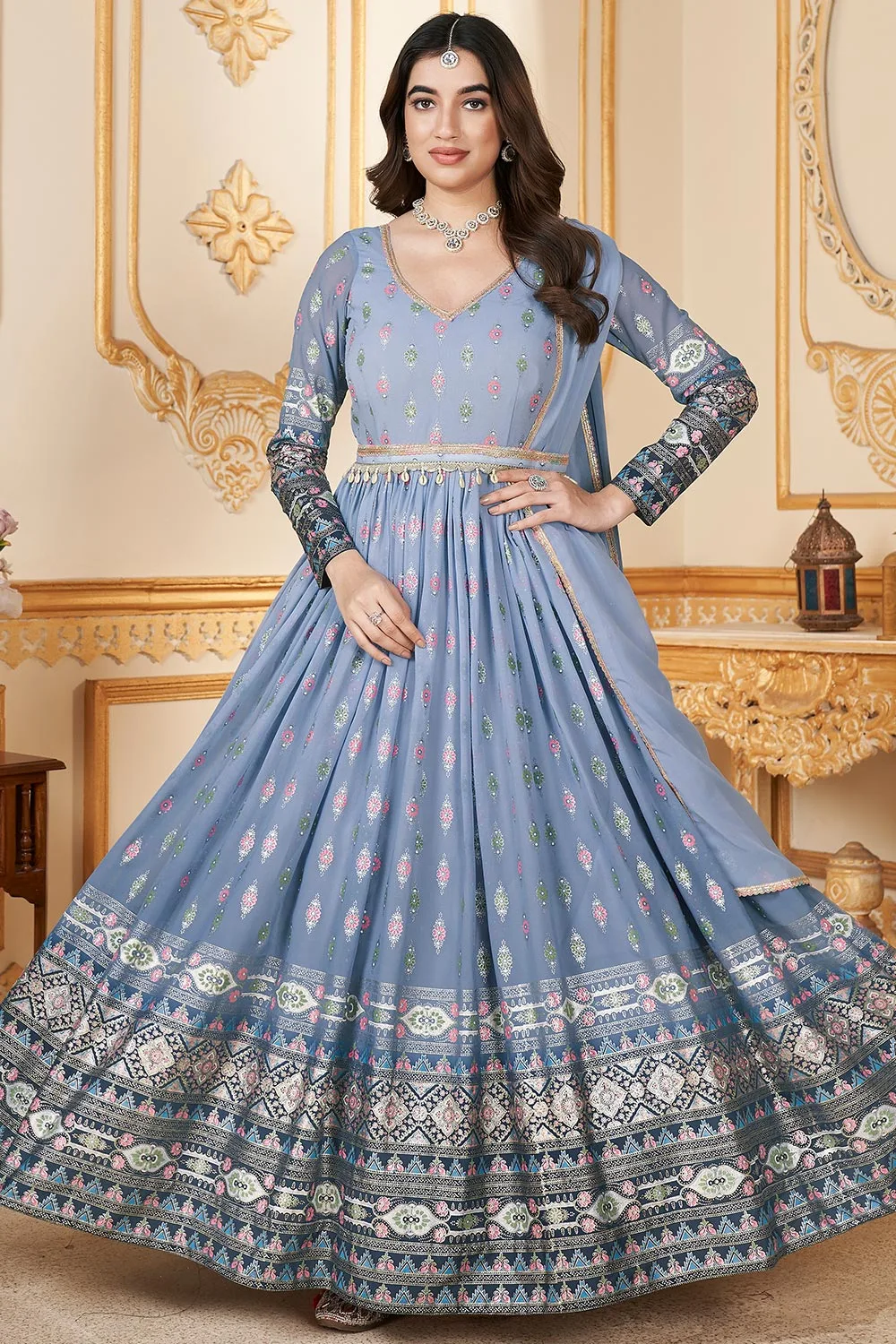 New Exclusive Foil Printed Blue Full Length Gown with Dupatta