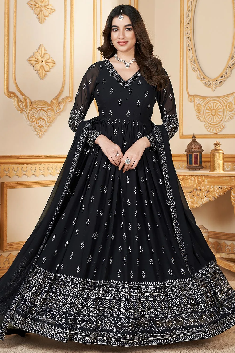 New Exclusive Foil Printed Black Full Length Gown with Dupatta