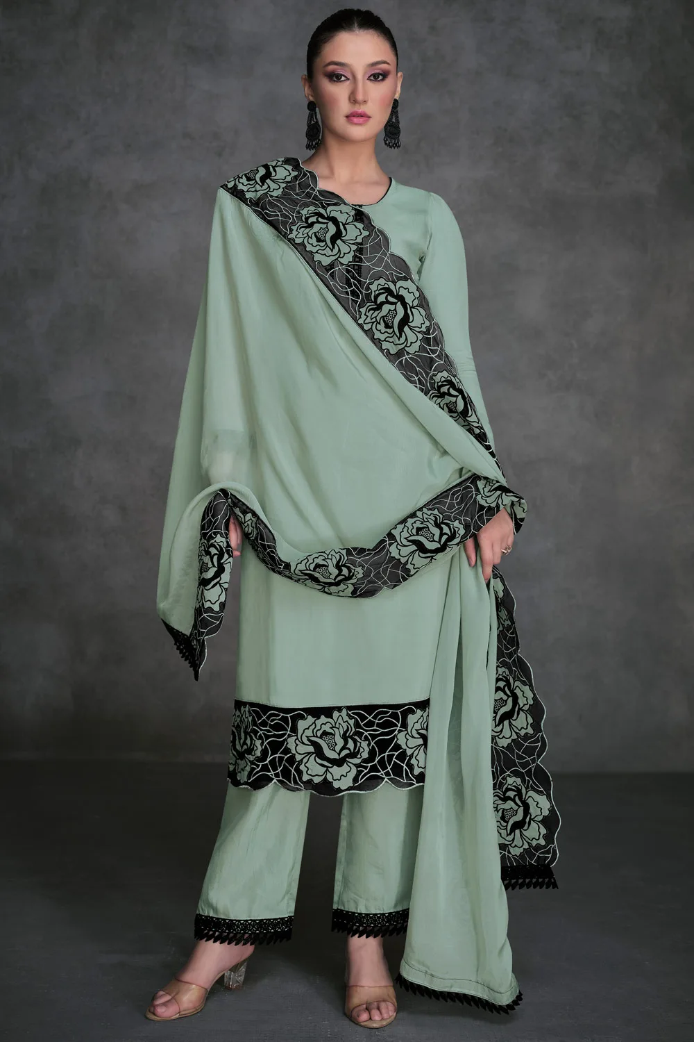 Green Organza Silk Salwar Suit Set with Dull Santoon Bottom