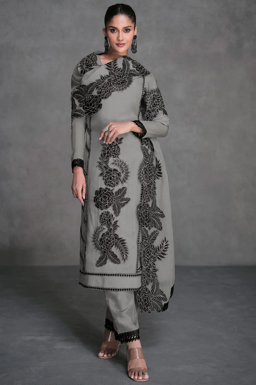 Grey Organza Silk Salwar Suit Set with Dull Santoon Bottom