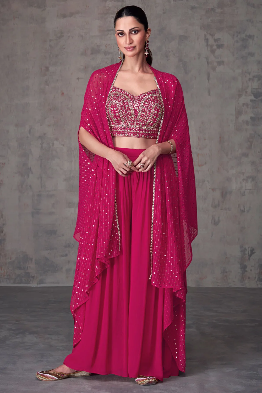 Pink Georgette & Jacquard Silk Indo-Western Dress