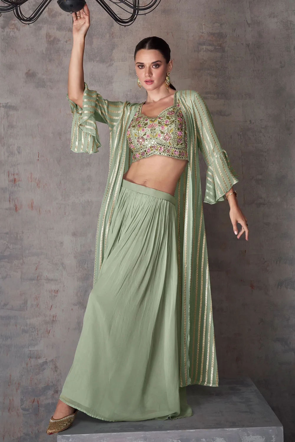 Green Georgette & Jacquard Silk Indo-Western Dress