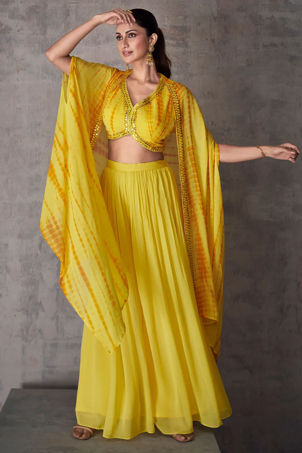 Yellow Georgette & Jacquard Silk Indo-Western Dress