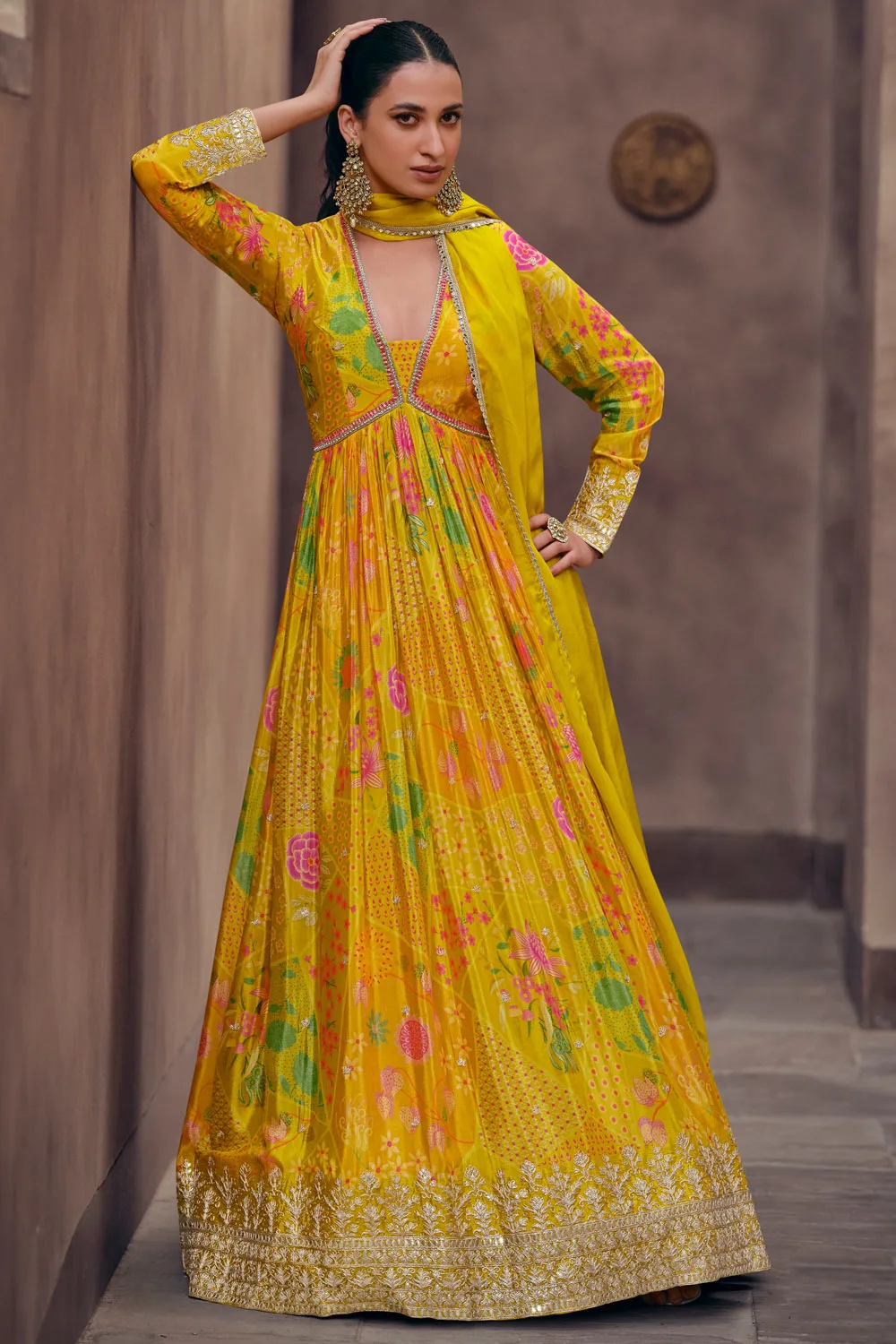 Stunning Yellow Georgette Designer Gown with Embroidered Real Georgette Top and Net Dupatta