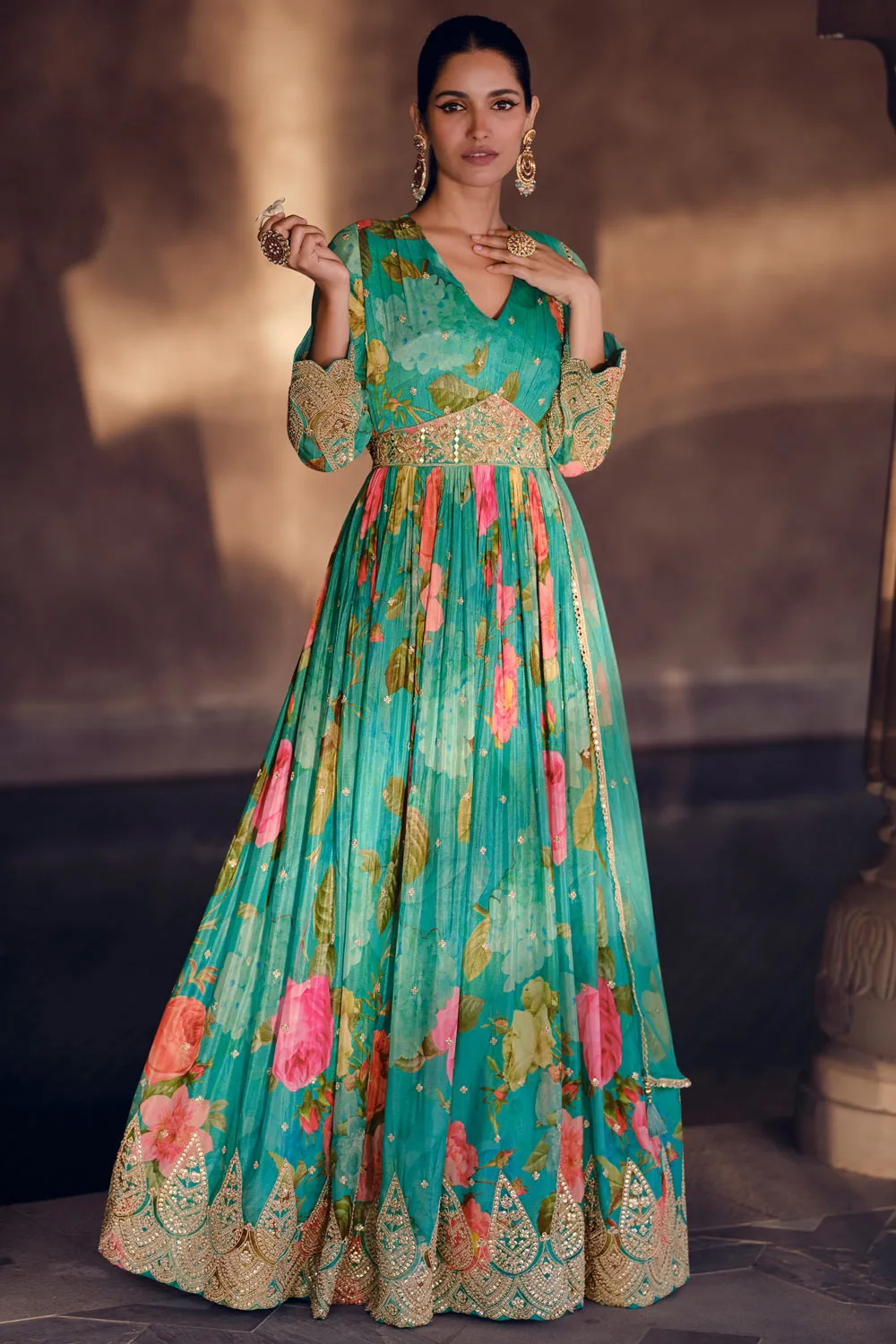 Beautiful Green Georgette Designer Gown with Embroidered Real Georgette Top and Net Dupatta