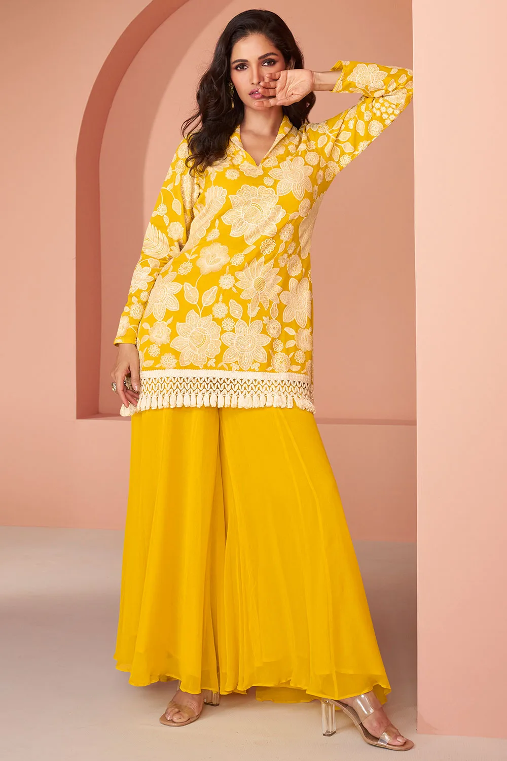 Beautiful Yellow Cotton Silk & Georgette Embroidered Indo-Western Co-Ord Set