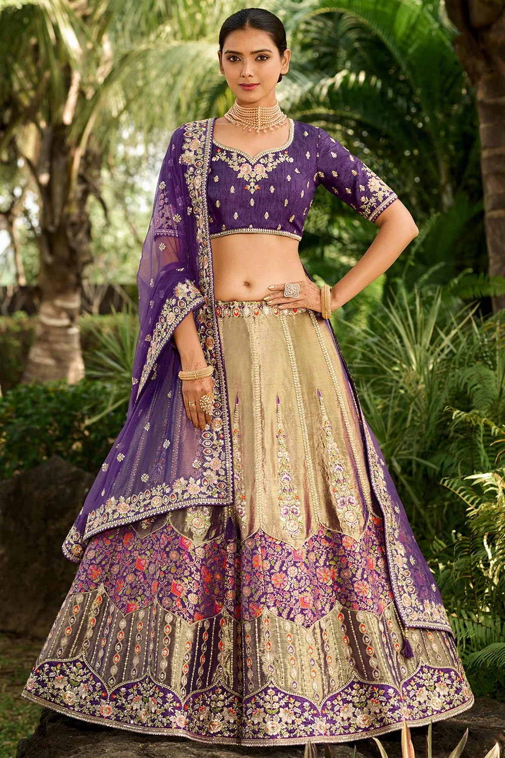 Purple Heavy Designer Wedding Wear Banarasi Silk Lehenga Choli Set