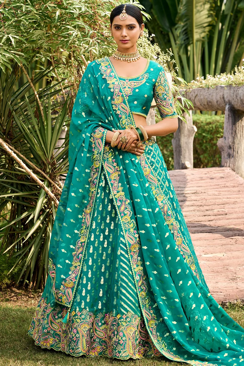 Rama Green Heavy Designer Wedding Wear Banarasi Silk Lehenga Choli Set