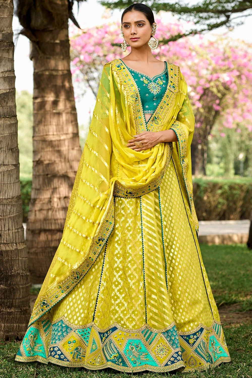 Yellow Heavy Designer Wedding Wear Banarasi Silk Lehenga Choli Set