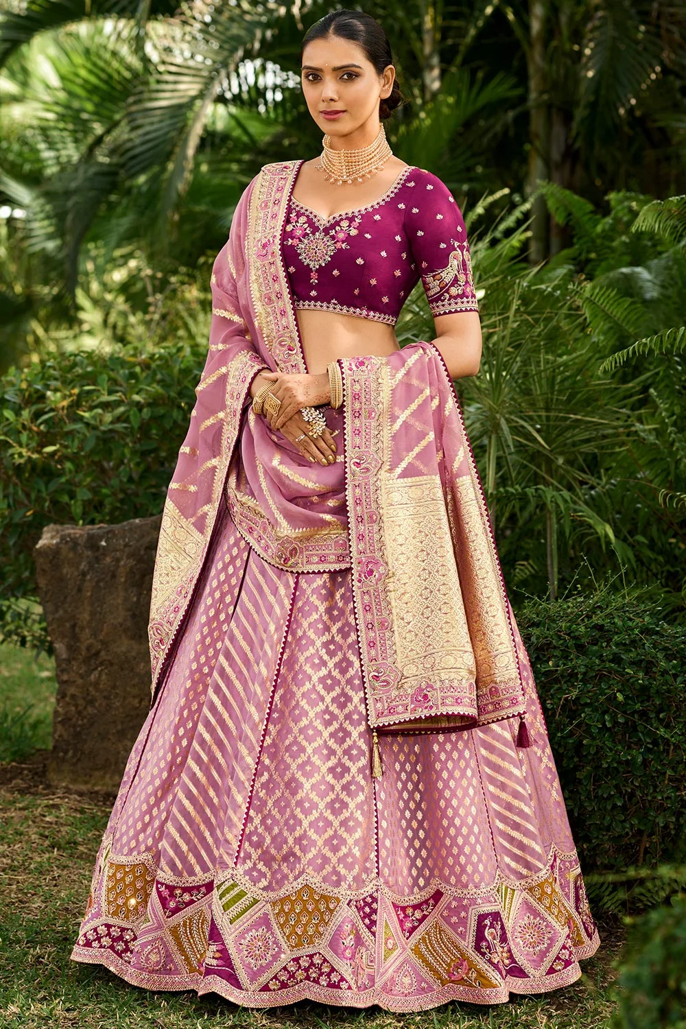 Mauve Heavy Designer Wedding Wear Banarasi Silk Lehenga Choli Set