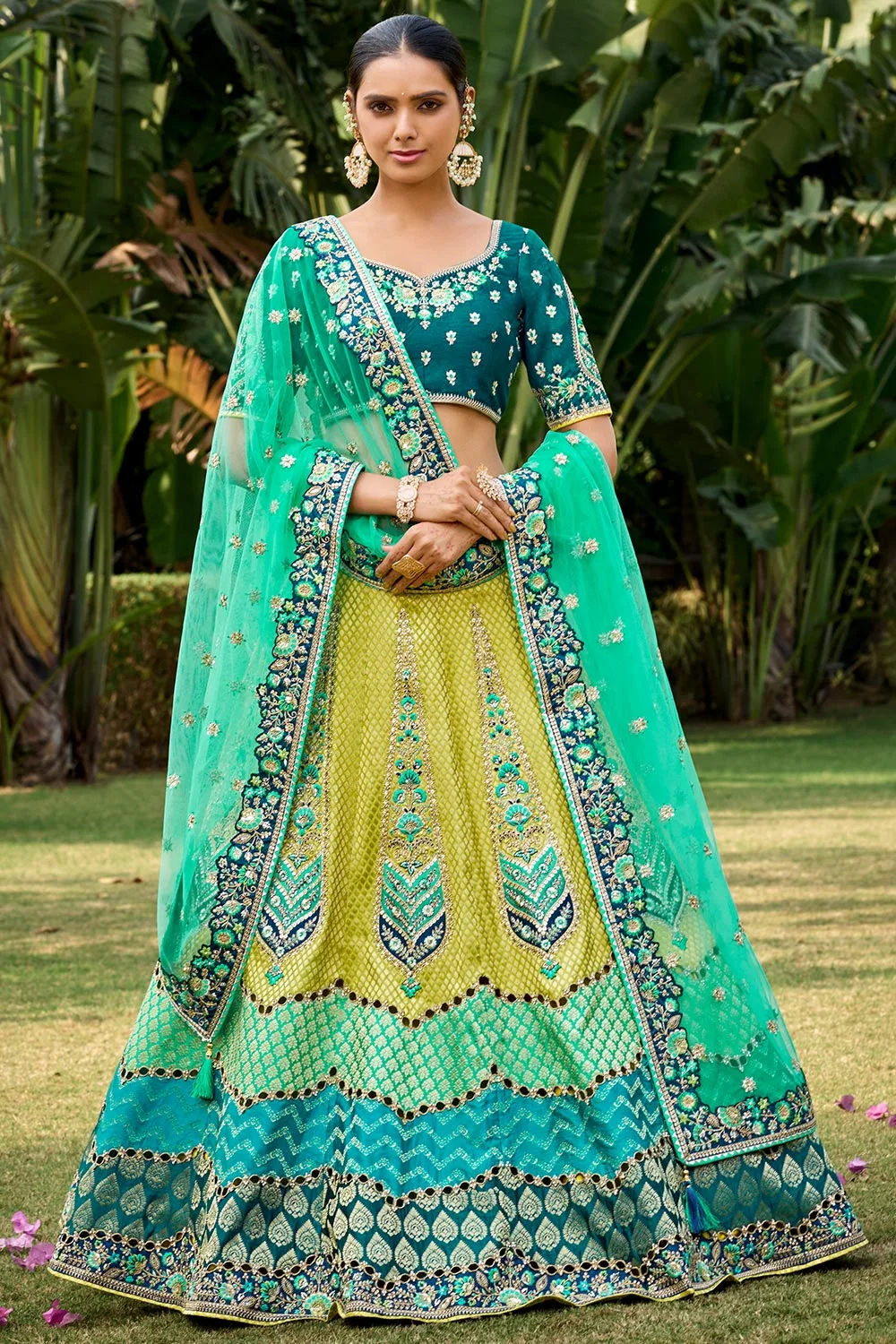 Green Multi Shades Heavy Designer Wedding Wear Banarasi Silk Lehenga Choli Set