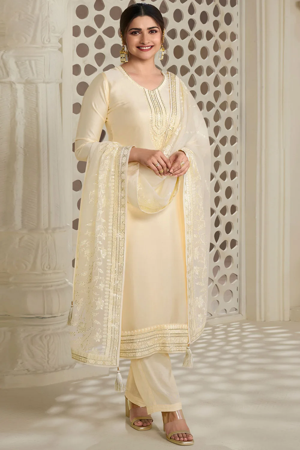 Cream Embroidered Salwar Suit Set