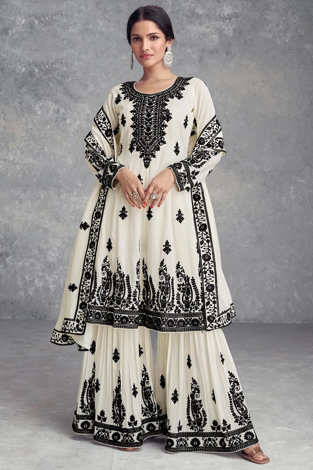 Elegant Real Chinon Sharara Suit Set in Creamy Ivory