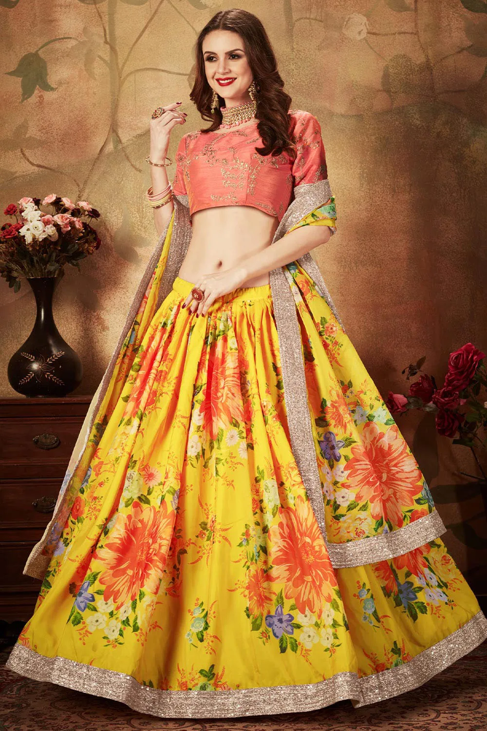 Yellow and Orange Organza Floral Lehenga Choli Set with Elegant Embroidery Work
