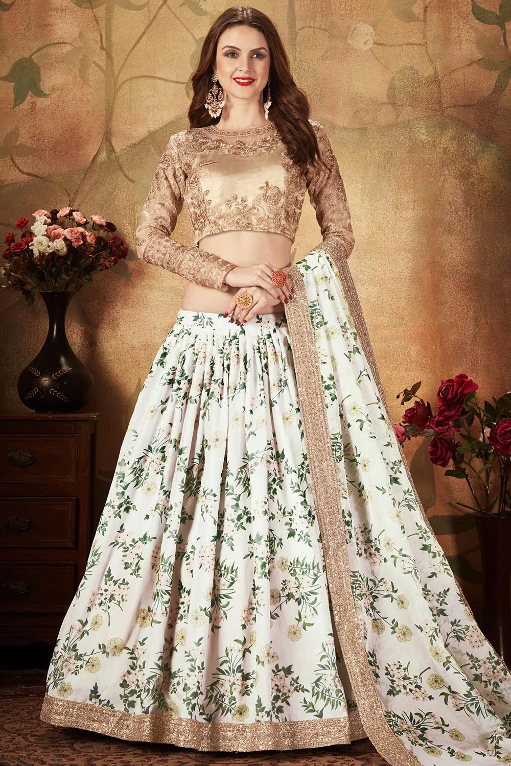 Off-White and Beige Organza Floral Lehenga Choli Set with Elegant Embroidery Work
