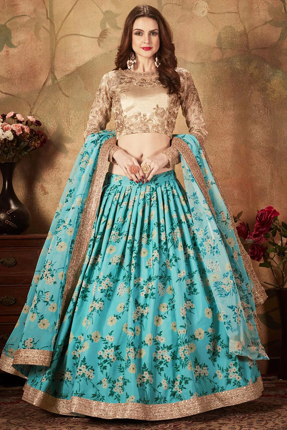 Sky Blue and Beige Organza Floral Lehenga Choli Set with Elegant Embroidery Work