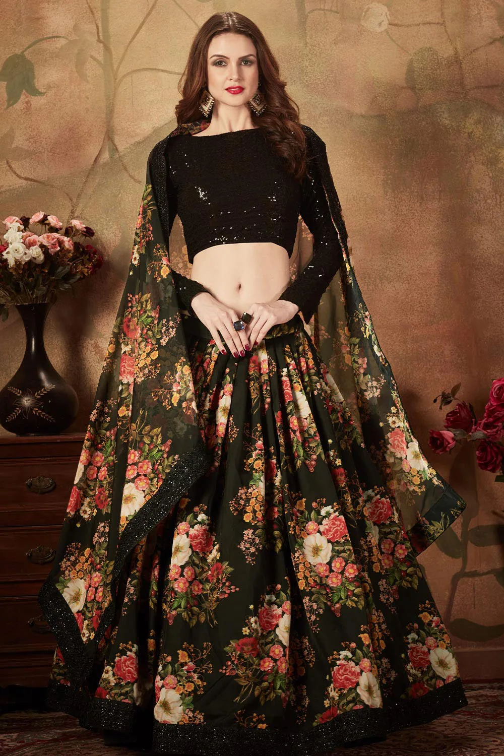 Black Organza Floral Lehenga Choli Set with Elegant Embroidery Work