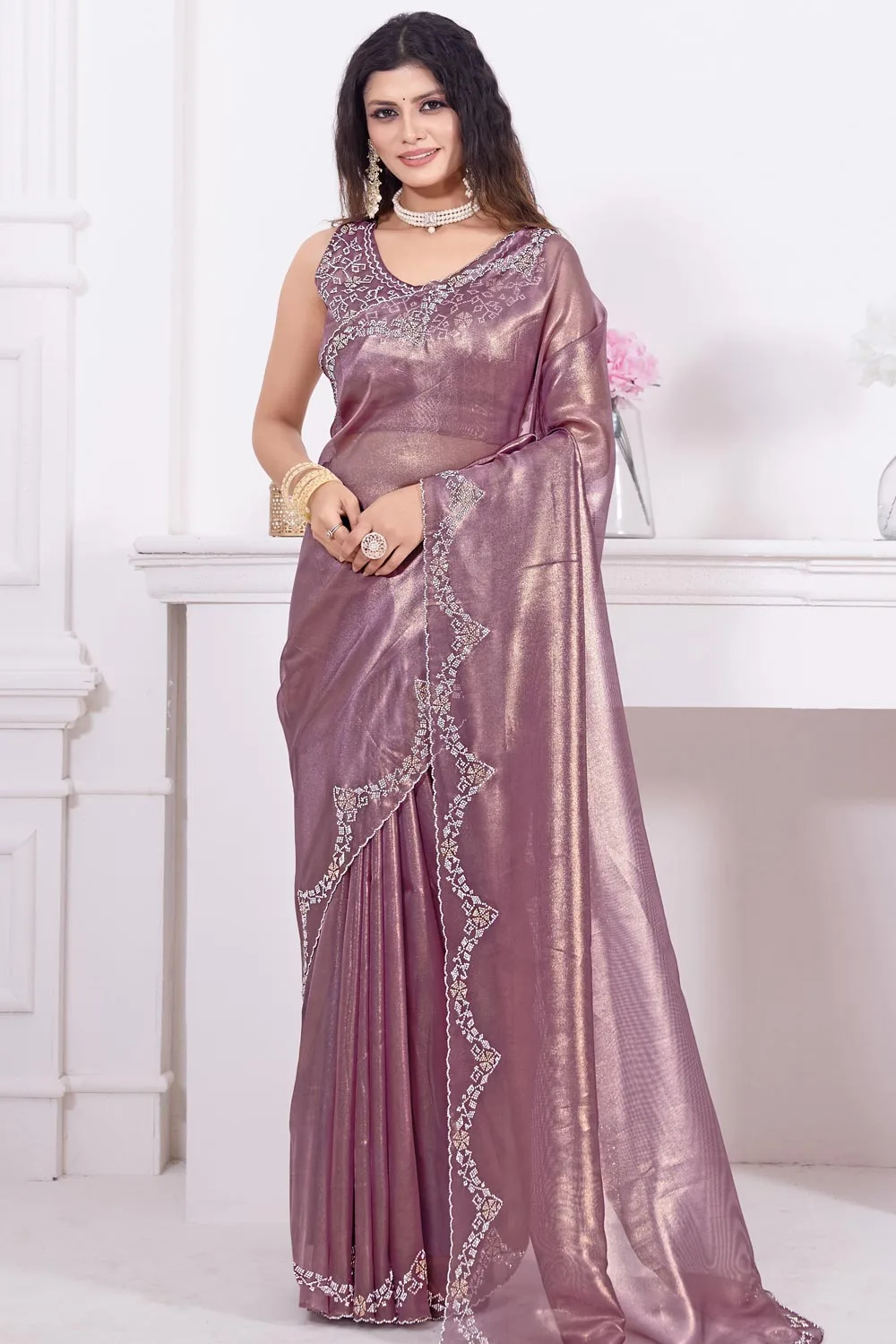 Fancy Mauve Saree with Raina Net Coating Fabric and Dual-Colored Zircon Border