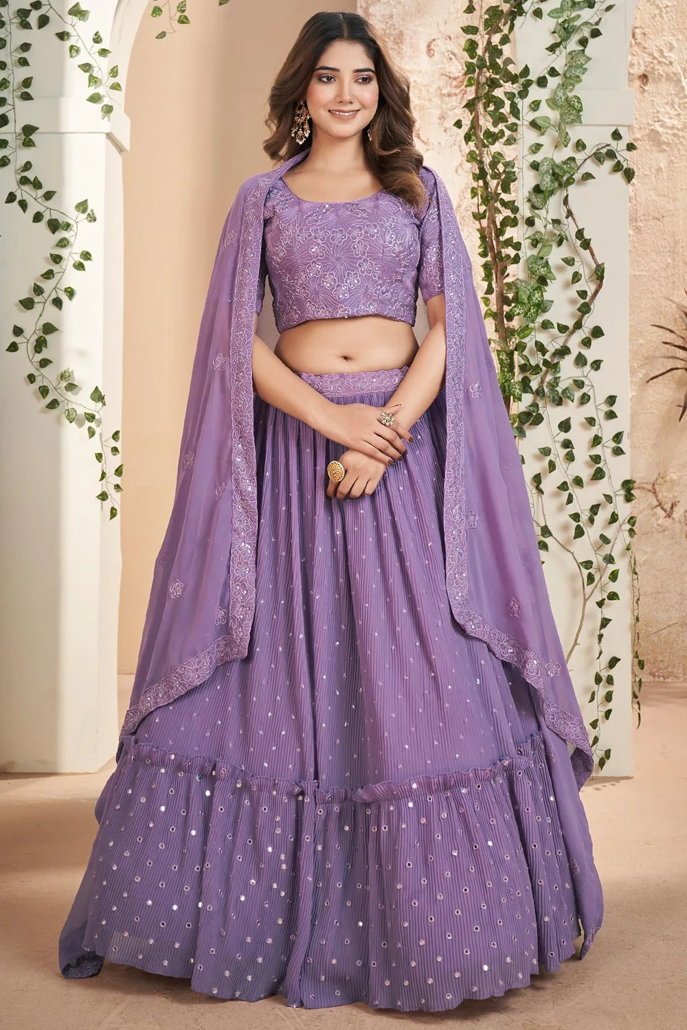 Stunning Purple Faux Georgette Lehenga Set with Thread & Sequins Embroidery Work