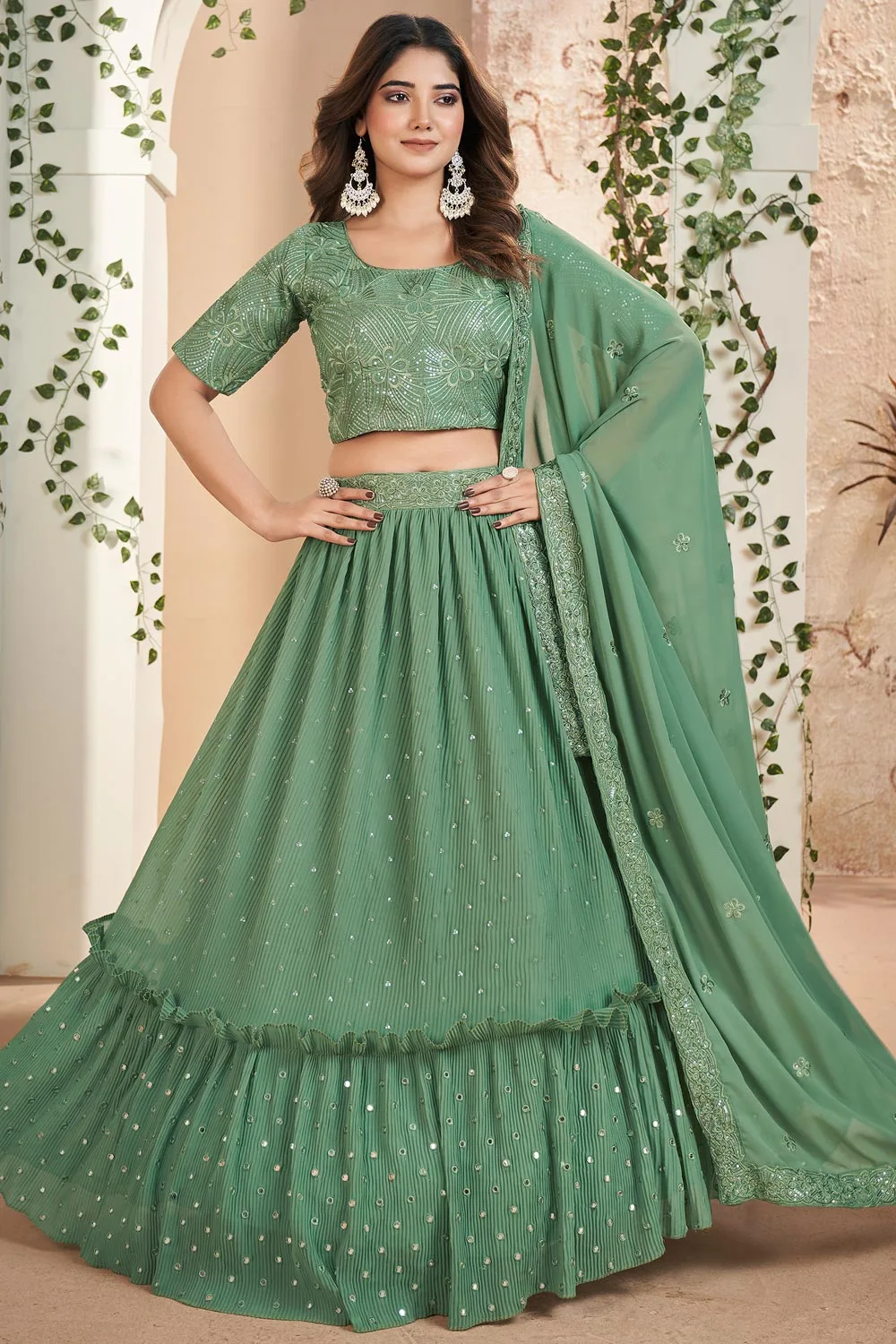 Gorgeous Green Faux Georgette Lehenga Set Adorned with Thread & Sequins Embroidery Work